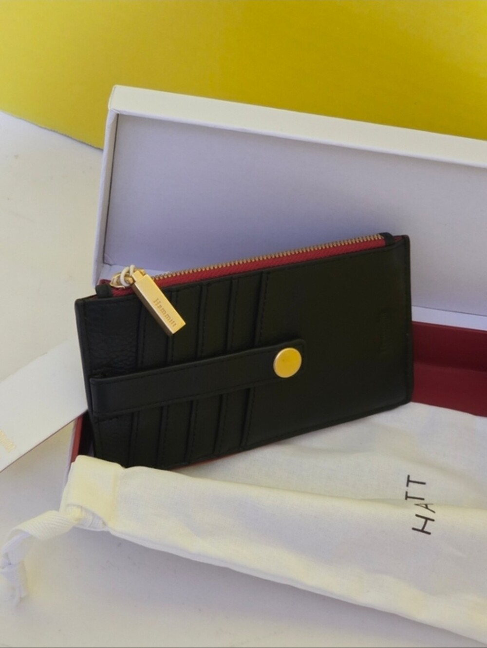 Hammitt Black Leather 210 West Card Wallet with Red Zipper